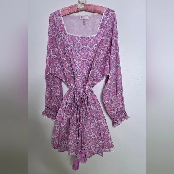 Buggy 100% Cotton Pink Paisley Pom Pom Tassel Trim Boho Mini Dress M Fit Like L - Picture 1 of 7